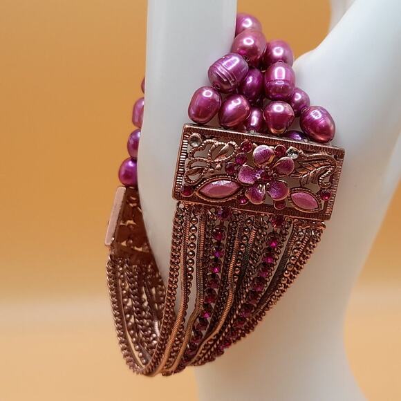 Pink Dyed Pearl Rhinestone Bracelet, Rose Gold Tone Chains, Pink Rhinestones, 7" - Picture 2 of 10